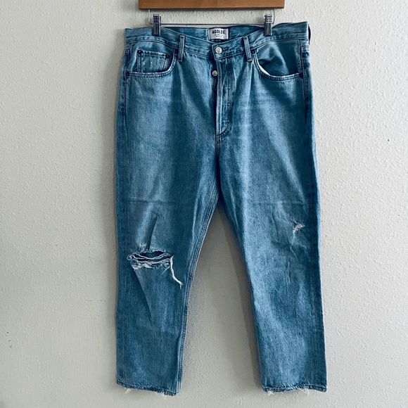 Agolde Light Wash Blue Denim Riley High Rise Straight Crop Jeans Women's Size 32 - Picture 2 of 7